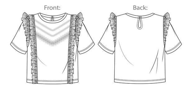 Vector kurzärmelige Bluse technische Zeichnung, Frau Rundhalsausschnitt T-Shirt mit Häkelleisten und Rüschen, Tee-Mode CAD, Skizze, Vorlage. Oberteil aus Jersey oder Gewebe, Vorder-, Rückseite, weiße Farbe - Vektor, Bild