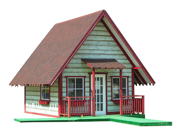 Concept of smal tiny house wooden with red roof isolated over white background - Zdjęcie, obraz