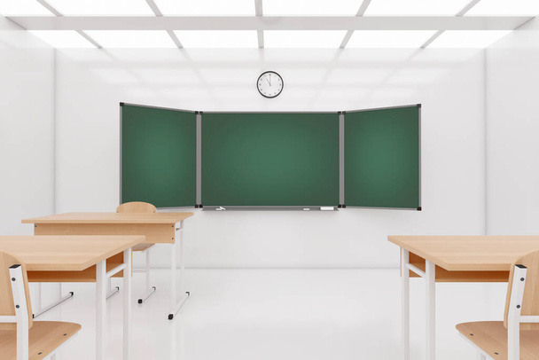 椅子、机、黒板の極端なクローズアップと空の近代的な学校の教室。3Dレンダリング - 写真・画像