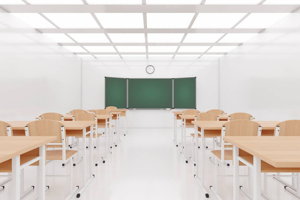 Empty Modern School Classroom with Chairs, Desks and Chalkboard extreme closeup. 3d Rendering - Фото, зображення
