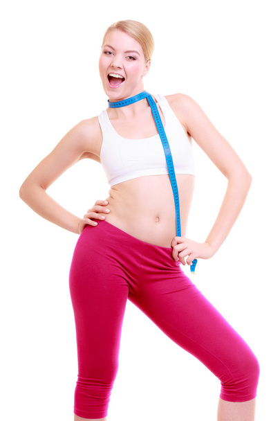 Diet. Fitness woman fit girl with measure tape isolated - Fotoğraf, Görsel