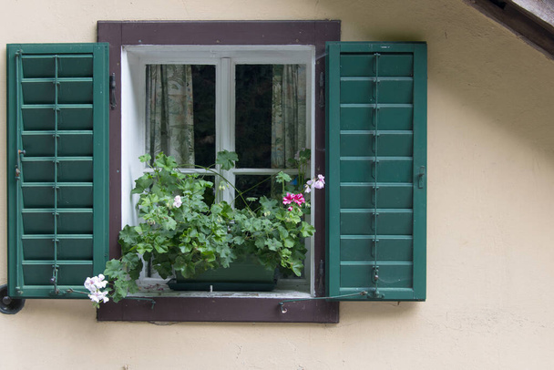 Close up widok wiejskiej rustykalnej elewacji domu pokazując zapraszając zielone ramki boczne drzwi okna i kwitnące kwiaty jako koncepcja powitania domowej tła - Zdjęcie, obraz