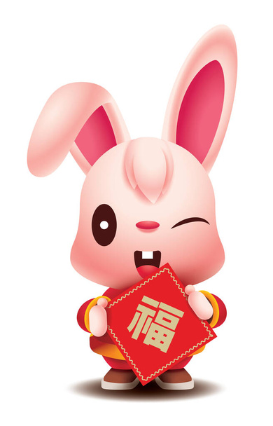 Happy Chinese New Year 2023. Cartoon cute rabbit with traditional costume holding Chinese couplet. Rabbit zodiac - Vector, Image