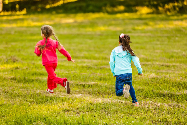 夏の楽しみ。女の子たちが畑で遊んでいる - 写真・画像