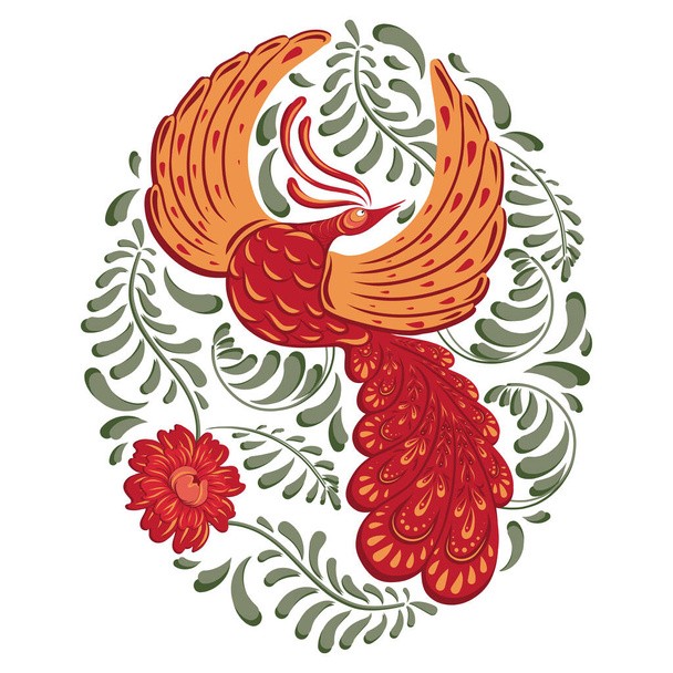 Vector floral illustration in Petrykivka style. Folk design art illustration for poster, print, textile, ceramic. Decorative composition. Ukrainian folk. Firebird, flowers, leaves, tendrils, berries - Vektori, kuva
