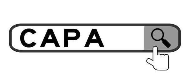 Поиск баннера в слове CAPA (аббревиатура корректирующего действия и превентивного действия) с рукой над значком лупы на белом фоне - Вектор,изображение