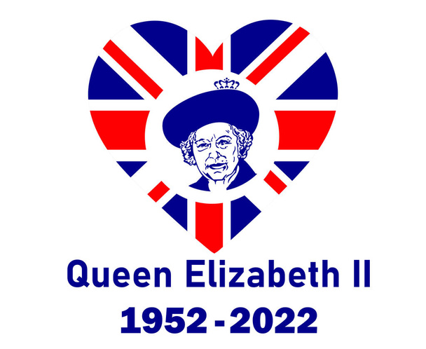 Queen Elizabeth Portrait Face 1952 2022 Azul Con Bandera Británica del Reino Unido Corazón Europa Nacional Emblema Icono Vector Ilustración Elemento de diseño abstracto - Vector, Imagen