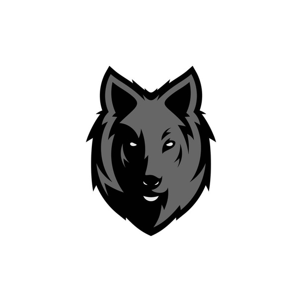 ウルフヘッドイラストロゴデザイン。ウルフマスコットのベクトルアート。狼が危険に見えるという正面対称のイメージ. - ベクター画像