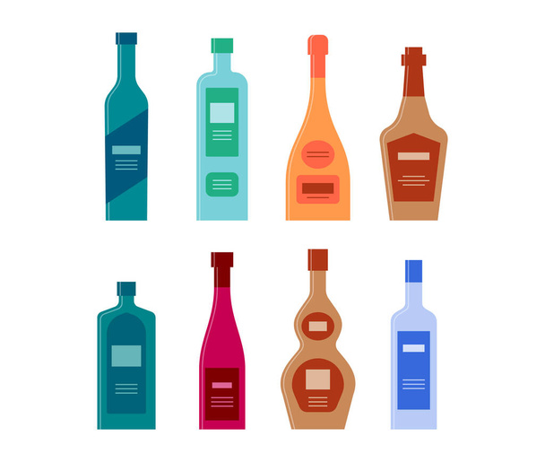 Set bottles of gin tequila champagne whiskey schnapps wine liquor vodka. Icon bottle with cap and label. Graphic design for any purposes. Flat style. Color form. Party drink concept. Simple image shape - Vector, Image