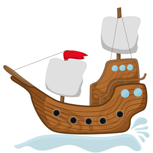 Cartoon-Holzschifffahrt mit weißen Segeln und Flagge. isoliert auf weißem Hintergrund Flat Style Vektor - Vektor, Bild