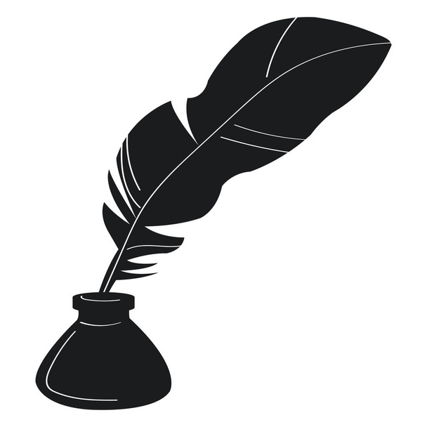 Inkwell and feather pen black silhouette. Isolated on white. Writer logo template. Ink bottle and quill pen. - Vector, Image