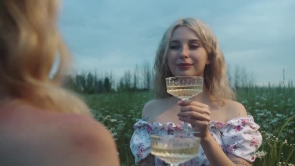 Two blondes stand in a field - talking and drinking white wine. Mid shot - Footage, Video