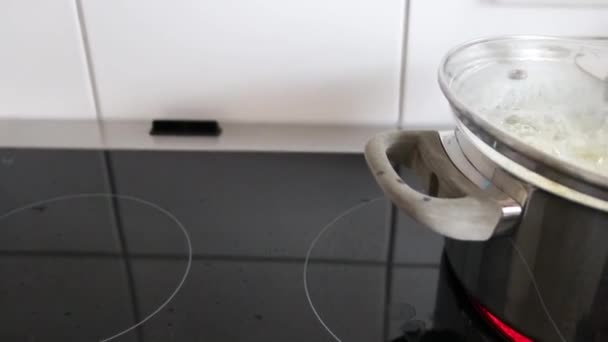 Aardappelen koken in warm water in zilveren pot op keramische kachel tonen authentiek koken thuis om gezonde maaltijd te bereiden met het koken van aardappelen op fornuis met stoom en bubbels uit het deksel in close-up - Video