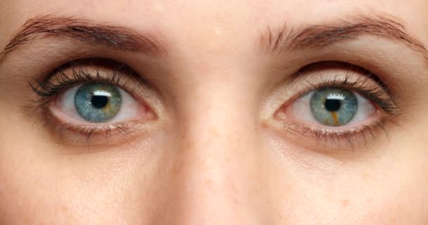 Nainen, siniset silmät ja ajattelu ahdistusta, huolta ja stressiä silmänräpäyksessä. Zoom muotokuva, kasvot ja iho malli stressiä, vainoharhainen ja piilolinssit rakenne yksityiskohtia, visio ja pelko. - Materiaali, video
