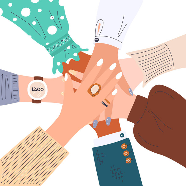 Teamwork and cooperation concept with different female hands in center. Businesswomen with stack of palms putting and showing unity and team building. Parthership vector hand drawn flat illustration - Vector, Image
