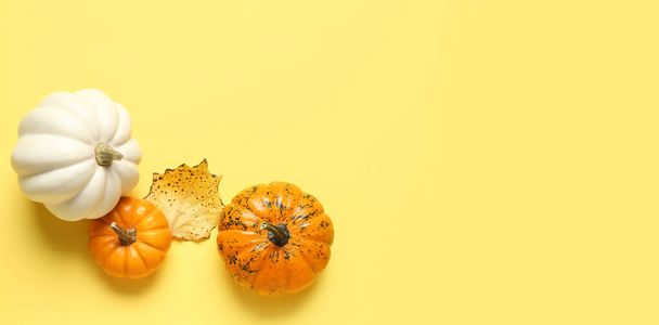 Ripe pumpkins and autumn leaf on yellow background with space for text - Fotó, kép