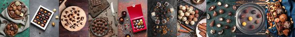 Collage van zoete chocolade snoepjes op donkere achtergrond, bovenaanzicht - Foto, afbeelding