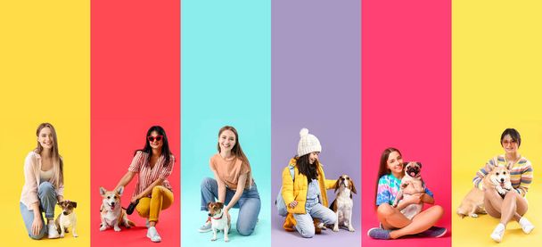 Set von Frauen und Mädchen mit Hunden auf buntem Hintergrund - Foto, Bild