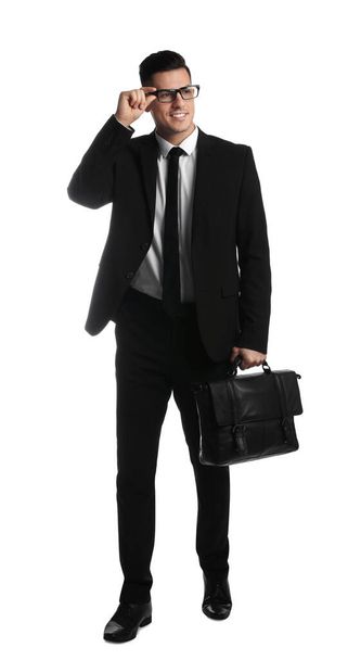 Businessman with stylish leather briefcase on white background - Zdjęcie, obraz