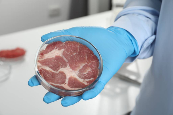 Scientist holding Petri dish with cultured meat in laboratory, closeup - Photo, Image
