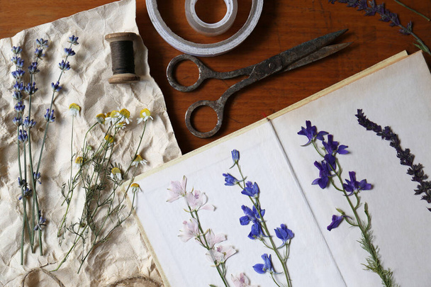 Flat lay composition with beautiful dried flowers, book and old scissors on wooden table - Foto, afbeelding