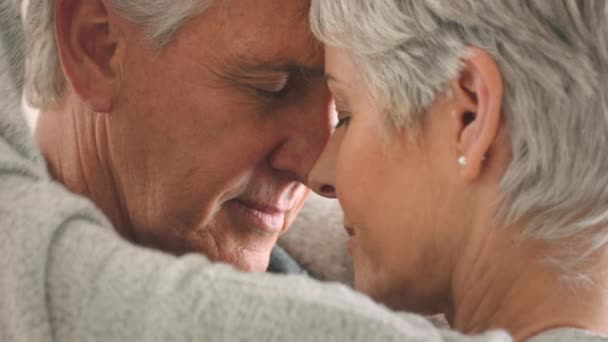 Elderly couple hug intimate love connection, calm retirement together and senior woman care with wrinkle skin. Old man emotional, marriage commitment and closeup face of people on wedding anniversary. - Footage, Video
