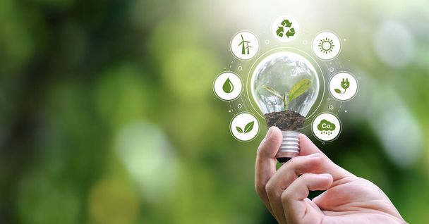 Bannières ESG - Environnement, société et gouvernance ampoule à main avec icône des énergies renouvelables Revolving Revenue - Photo, image