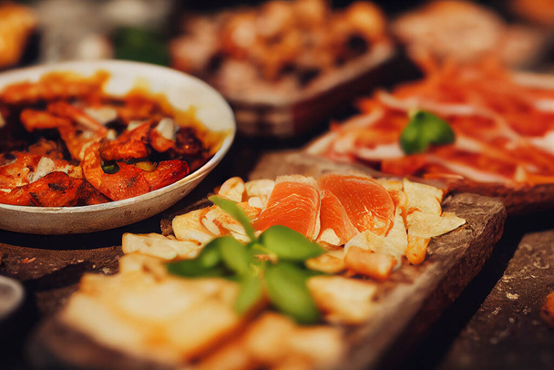 Стол с итальянской едой, парфюмерная доска с мясом прошутто и сыром, капризное освещение, выборочная фокусировка, пищевая фотография и иллюстрация - Фото, изображение