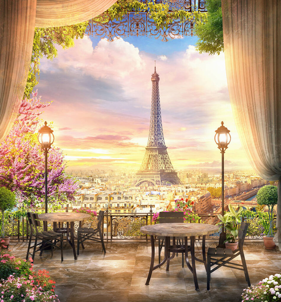 3D-Bild Eiffelturm bei Sonnenuntergang in Paris, Frankreich. Romantische Reise Hintergrundfresko. Plakatgestaltung. 3D-Darstellung - Foto, Bild