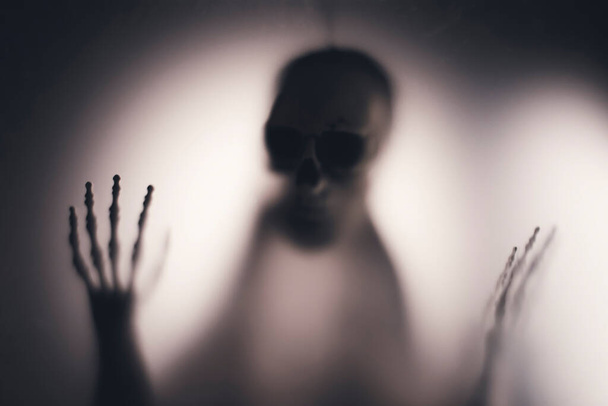 Horror skeleton or grim reaper behind the matte glass. Halloween festival concept.Blurred picture - Fotografie, Obrázek