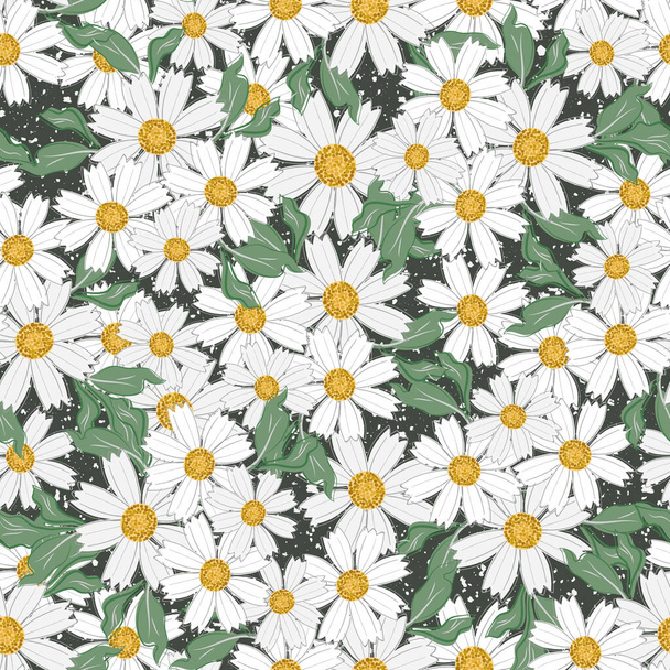 Chamomile floral seamless vector pattern background. Scattered groups of flower heads of ancient medicinal herb textured dark backdrop. Painterly botanical flora. Nature garden flowers for packaging. - ベクター画像
