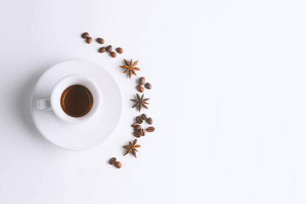 white coffee cup and beans on white background, Cup of espresso.Top view - Fotografie, Obrázek