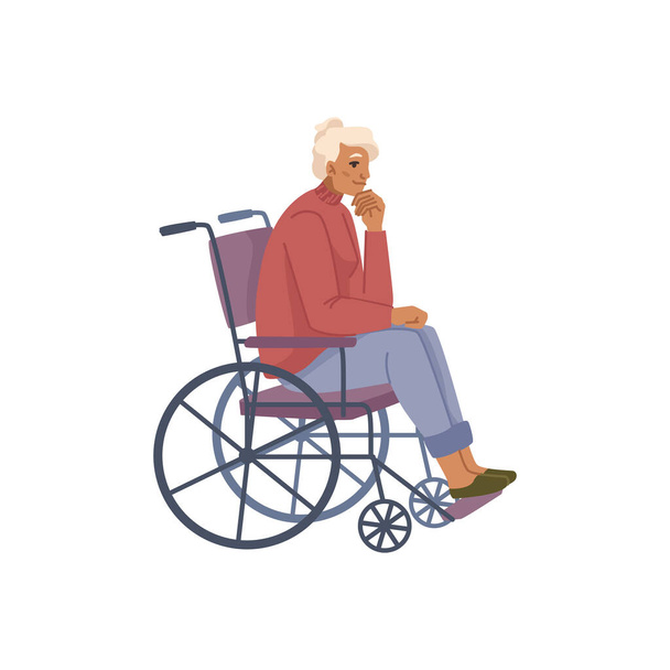 Babcia siedząca na wózku inwalidzkim, samotna starsza kobieta z problemami zdrowotnymi. Stara kobieta, odpoczywa starsza osoba. Wektor w stylu płaskiej kreskówki - Wektor, obraz