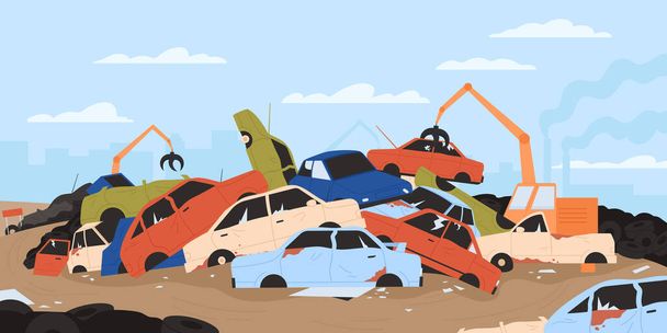 Dump junkyard with metal parts of cars for recycling vector illustration. Cartoon steel crane dismantling piles of broken vehicles, stack of abandoned auto trash in scrapyard to recycle background - Vector, Image