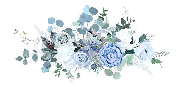 Dusty blue rose, white hydrangea, ranunculus, magnolia, anemone, succulent, greenery, juniper vector design bouquet. Wedding seasonal flowers. Floral watercolor composition. Isolated and editable - Vector, afbeelding