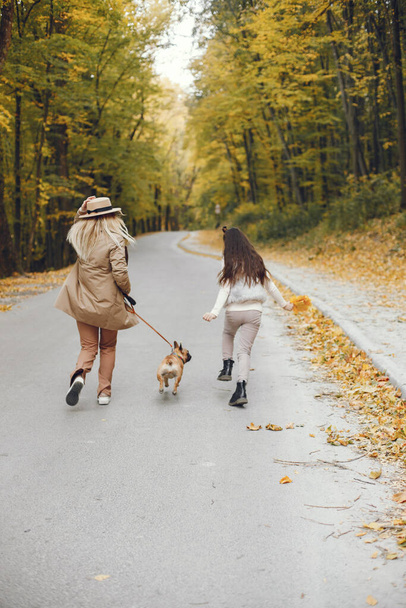 Woman, little girl and dog walking in the autumn park. Brown french bulldog with female owners spend a day at the park playing and having fun. Woman wearing beige coat and a hat. - Fotó, kép