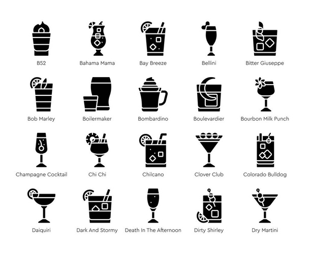 Conjunto de ícones de coquetel 2, vetor de bebida misturada alcoólica illustation - Vetor, Imagem