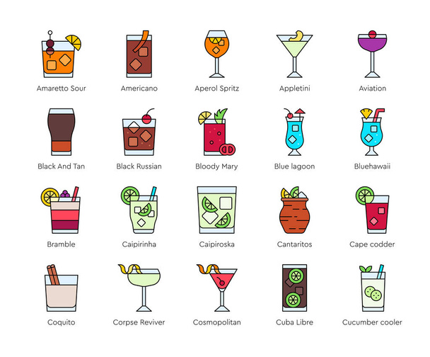 Sada ikon koktejlu, Alkoholické míchané nápoje - Vektor, obrázek