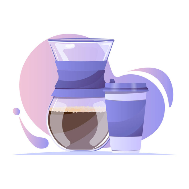 Illustrazione vettoriale di vetro chemex caffettiera con tazza di caffè di carta e caffè nero. Illustrazione del caffè per banner, sito web, social media e cartolina - Vettoriali, immagini