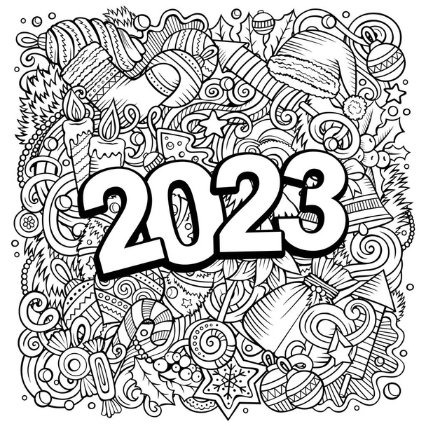 2023 Karalama Çizimi. Yeni yıl objeleri ve poster tasarımı. Yaratıcı karikatür bayramı sanat geçmişi. Sketchy raster çizimi - Fotoğraf, Görsel