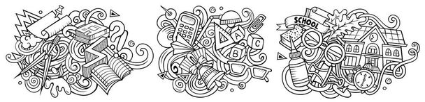 Desenhos animados da escola raster doodle set. Composições detalhadas esboçadas com muitos objetos e símbolos de educação. - Foto, Imagem