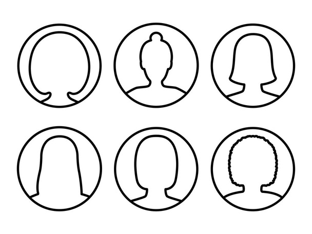 Femme ligne tête icône ensemble. Photo de profil féminin illustration de la collection. Vecteur avatar noir humain en cercle de ligne isolé sur blanc. - Vecteur, image