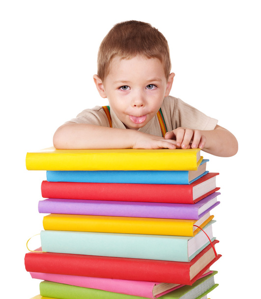 Child reading pile of books. - Фото, изображение