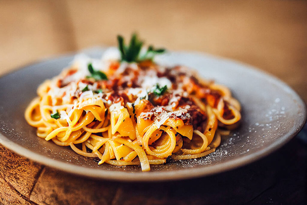 Spaghetti mit Tomatensauce und Parmesan - Foto, Bild