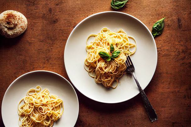 Nudeln mit Pesto und Basilikum auf einem Teller - Foto, Bild