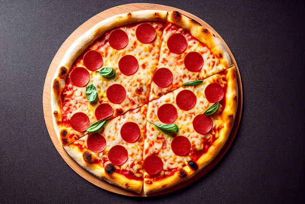 pizza with salami, cheese and arugula on black background - Zdjęcie, obraz