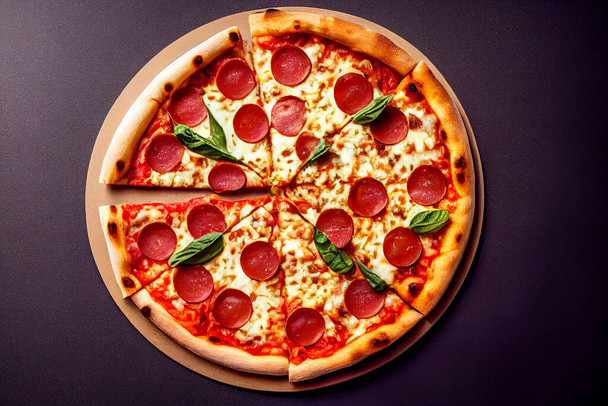 délicieuse pizza avec salami, fromage et roquette sur fond noir - Photo, image