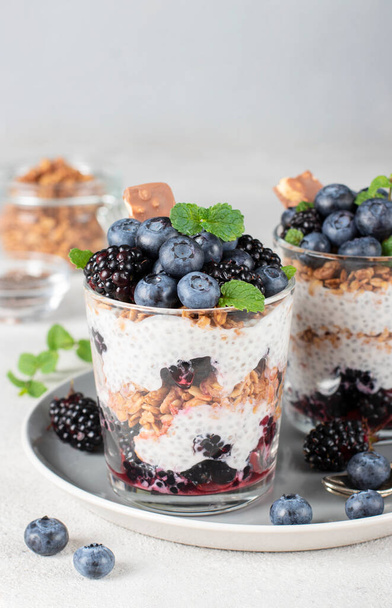 Chia pudding with blueberry and blackberry in two glass on gray plate on light background, Concept of healthy eating, dieting - Φωτογραφία, εικόνα
