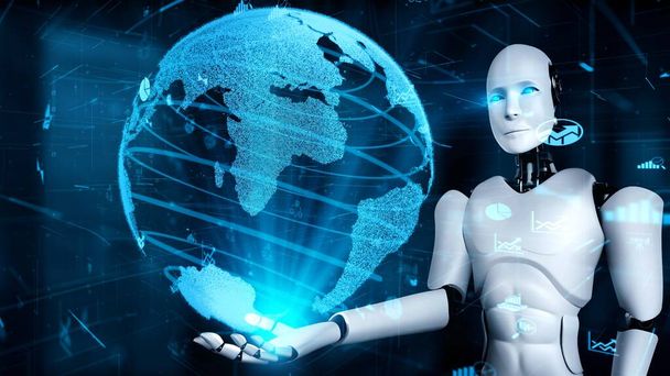 Future financial technology controll by AI robot huminoid uses machine learning and artificial intelligence to analyze business data and give advice on investment and trading decision . 3D rendering . - Foto, Imagem