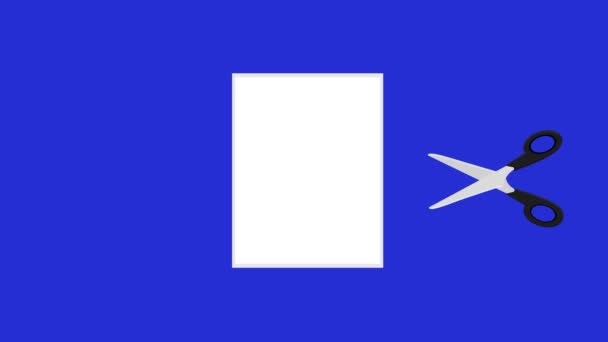Анимирование ножниц, разрезающих лист бумаги, на голубом хромовом ключевом фоне - Кадры, видео